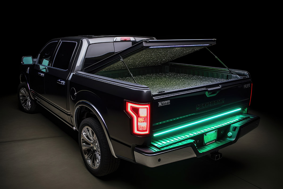 Black truck with a tonneau cover opening and a neon light. 