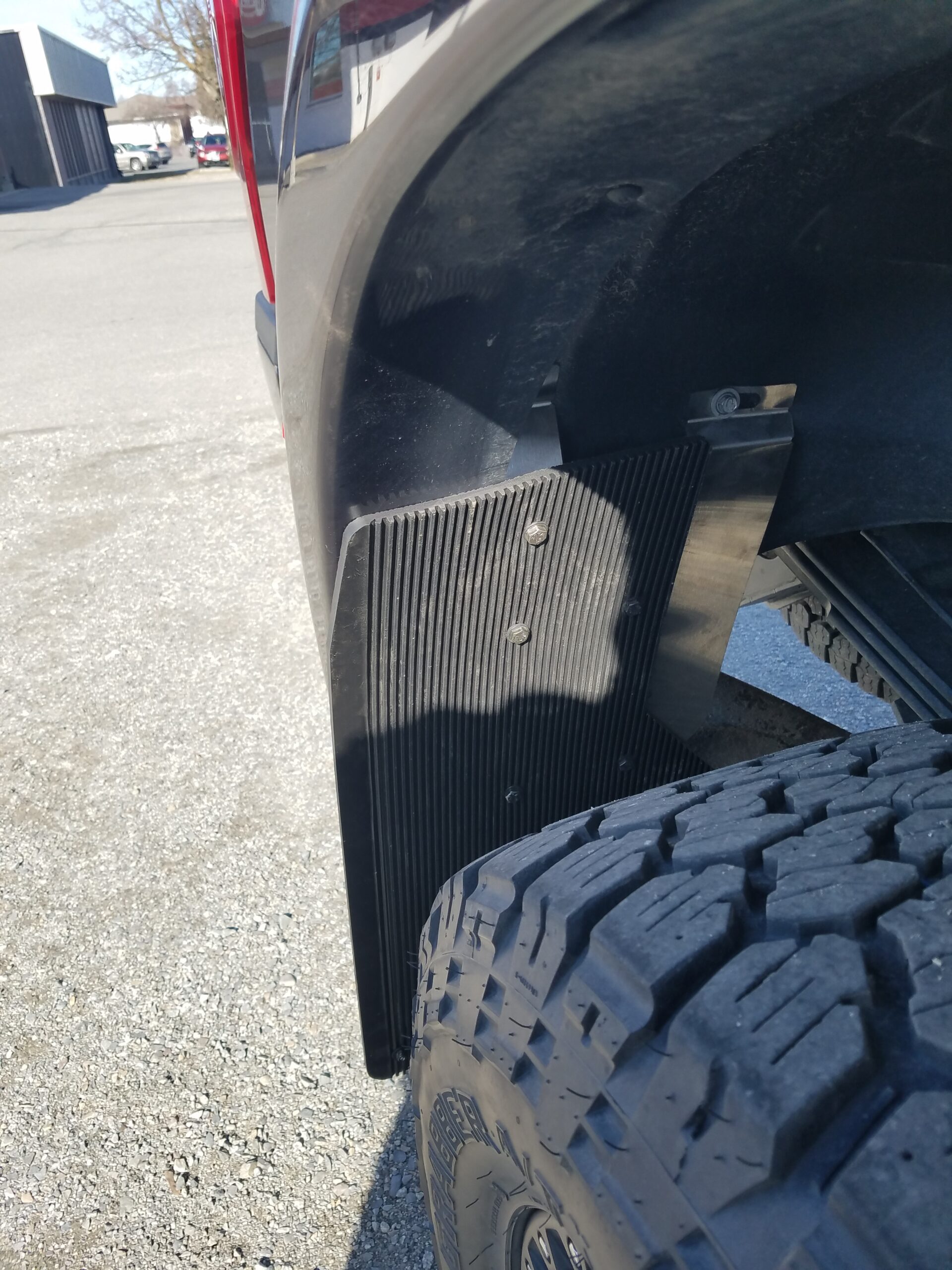 Universal 12" Set Back Mud Flap; 1" Offset; Black Poly-Coated Set-Back; 12"W x 15"H Flap with Stainless Steel Weight - Image 2