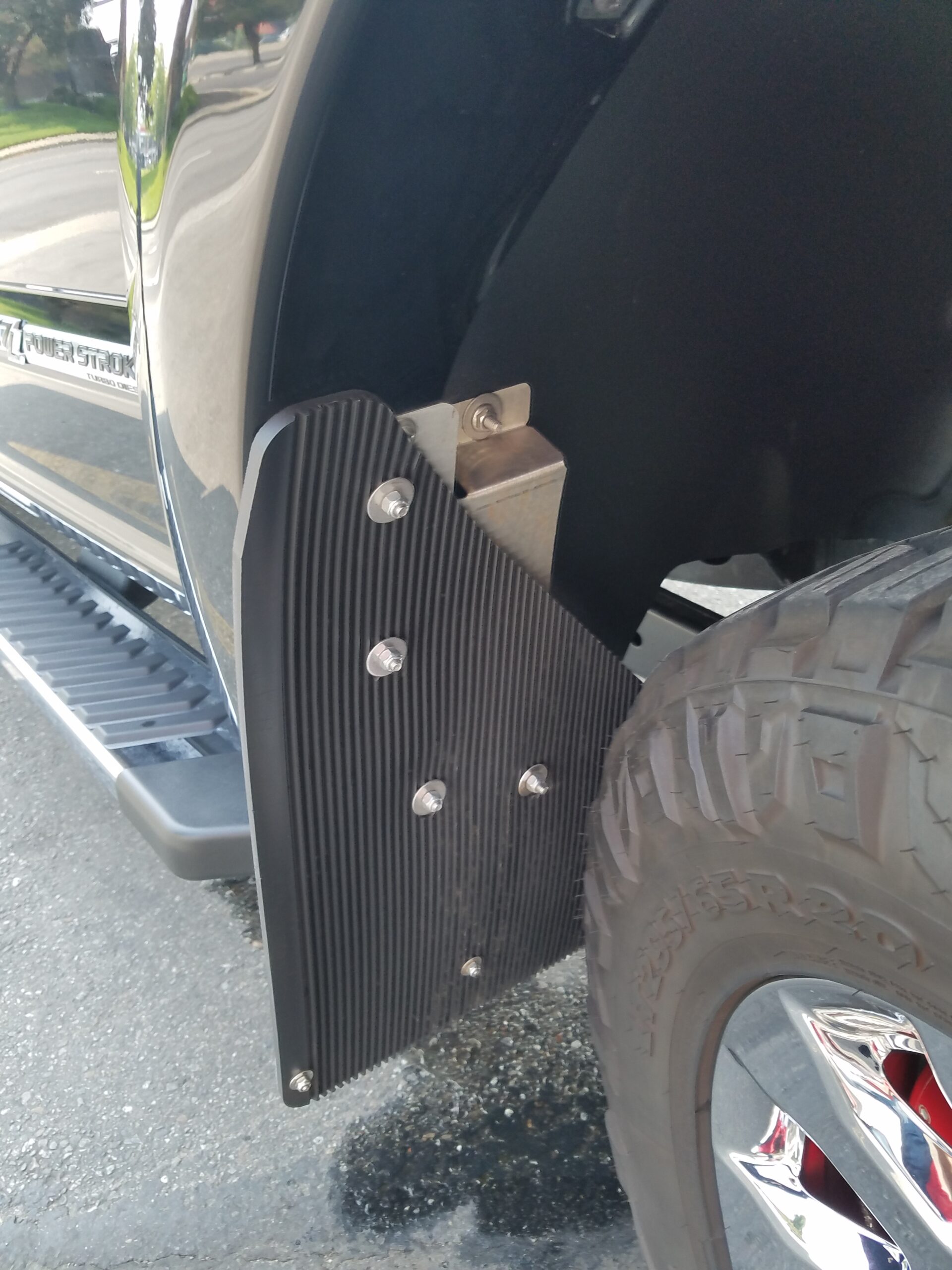 No Drill, Specific Design Front Mud Flaps for the 17+ Super Duty F250, F350, F450 and F550 Pickup with Stainless Steel Weights Pre-Installed; 12"W x 20.5"H - Image 2